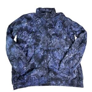 Adidas Womens sz Large Dark Blue Camo Windbreaker Lightweight Jacket Hidden Hood